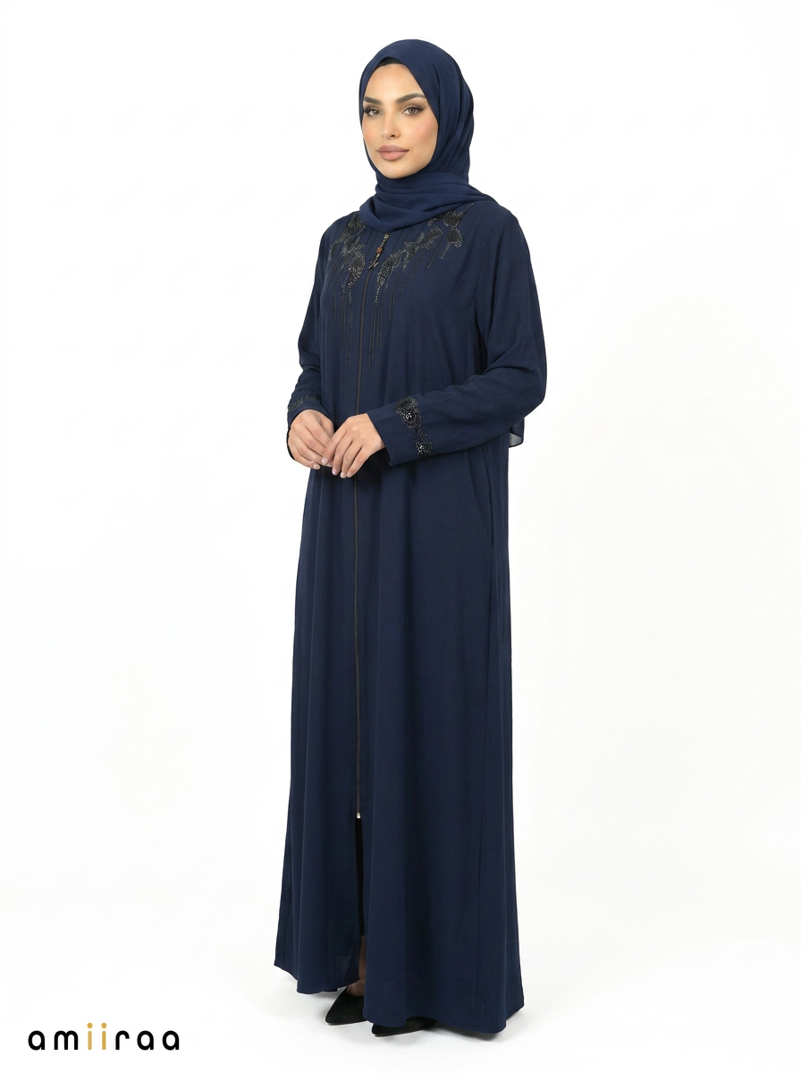 Maritime Blue Embellished Front-Zip Abaya with Beaded Sleeve Detail