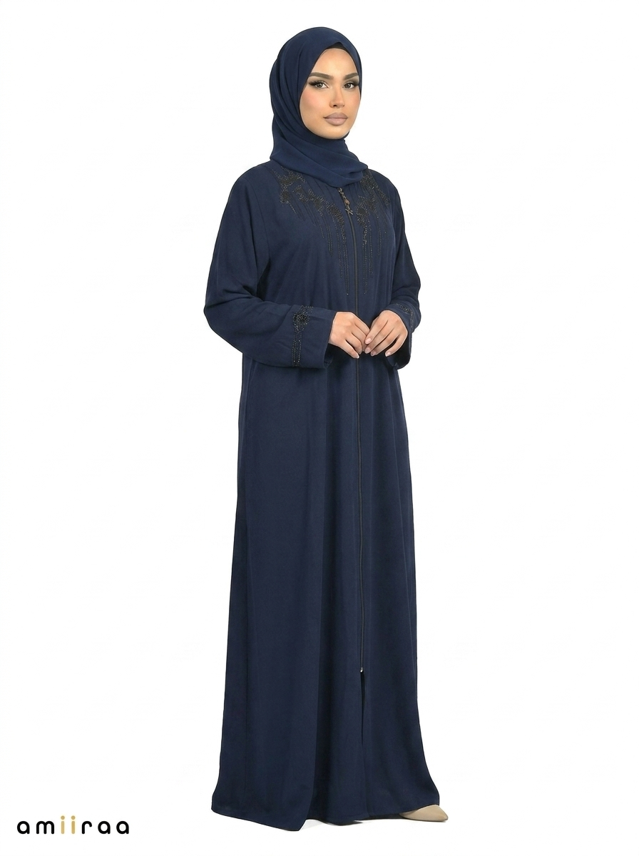 Maritime Blue Embellished Front-Zip Abaya with Beaded Sleeve Detail