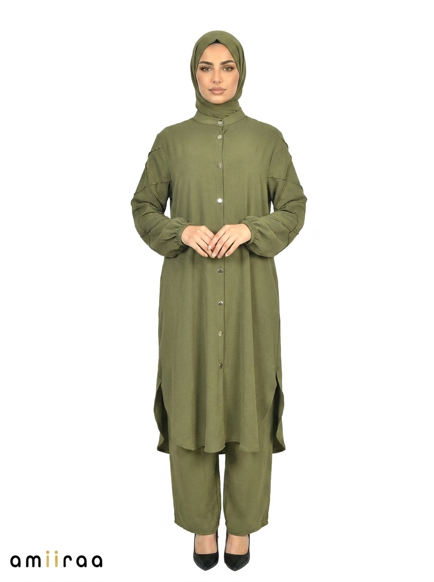 Guacamole Textured Modest Longline Tunic & Wide-Leg Pants Set