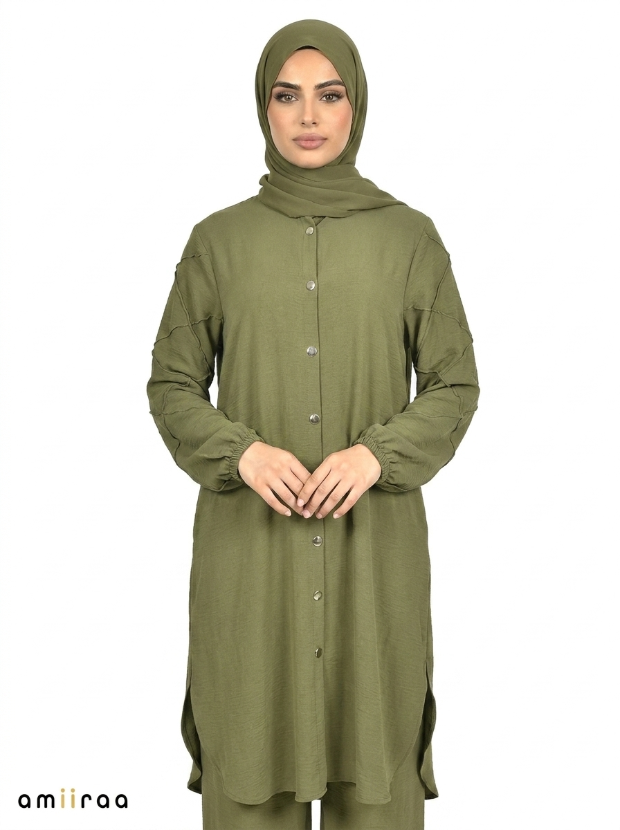 Guacamole Textured Modest Longline Tunic & Wide-Leg Pants Set