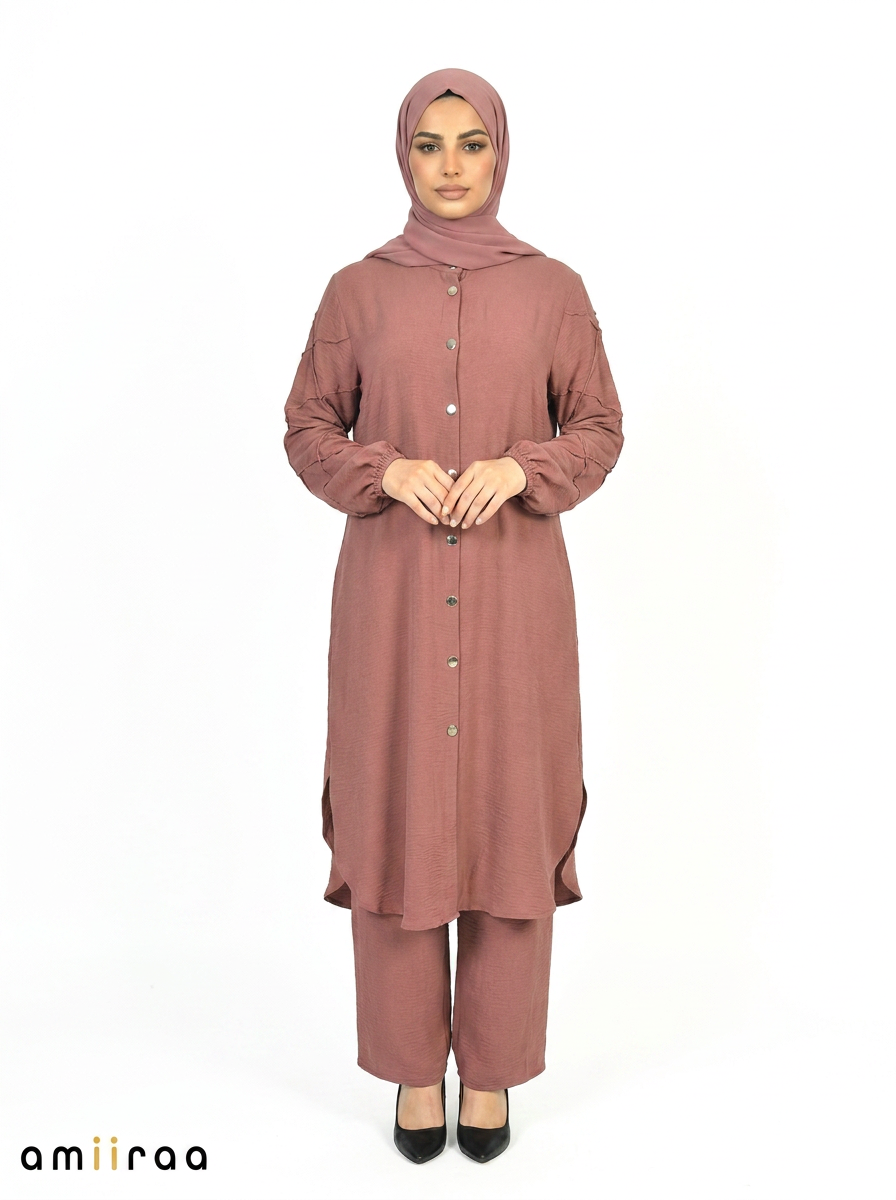Mesa Rose Textured Modest Longline Tunic & Wide-Leg Pants Set