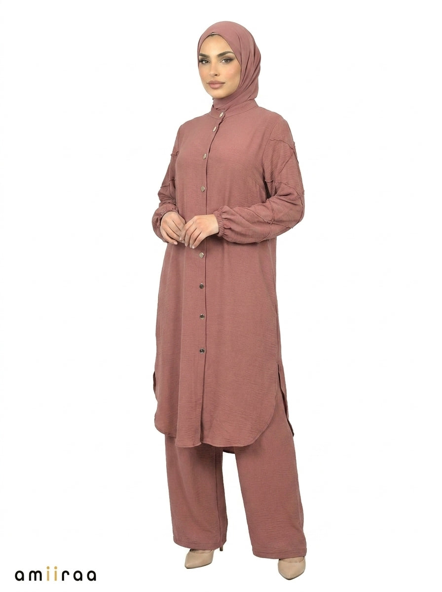 Mesa Rose Textured Modest Longline Tunic & Wide-Leg Pants Set