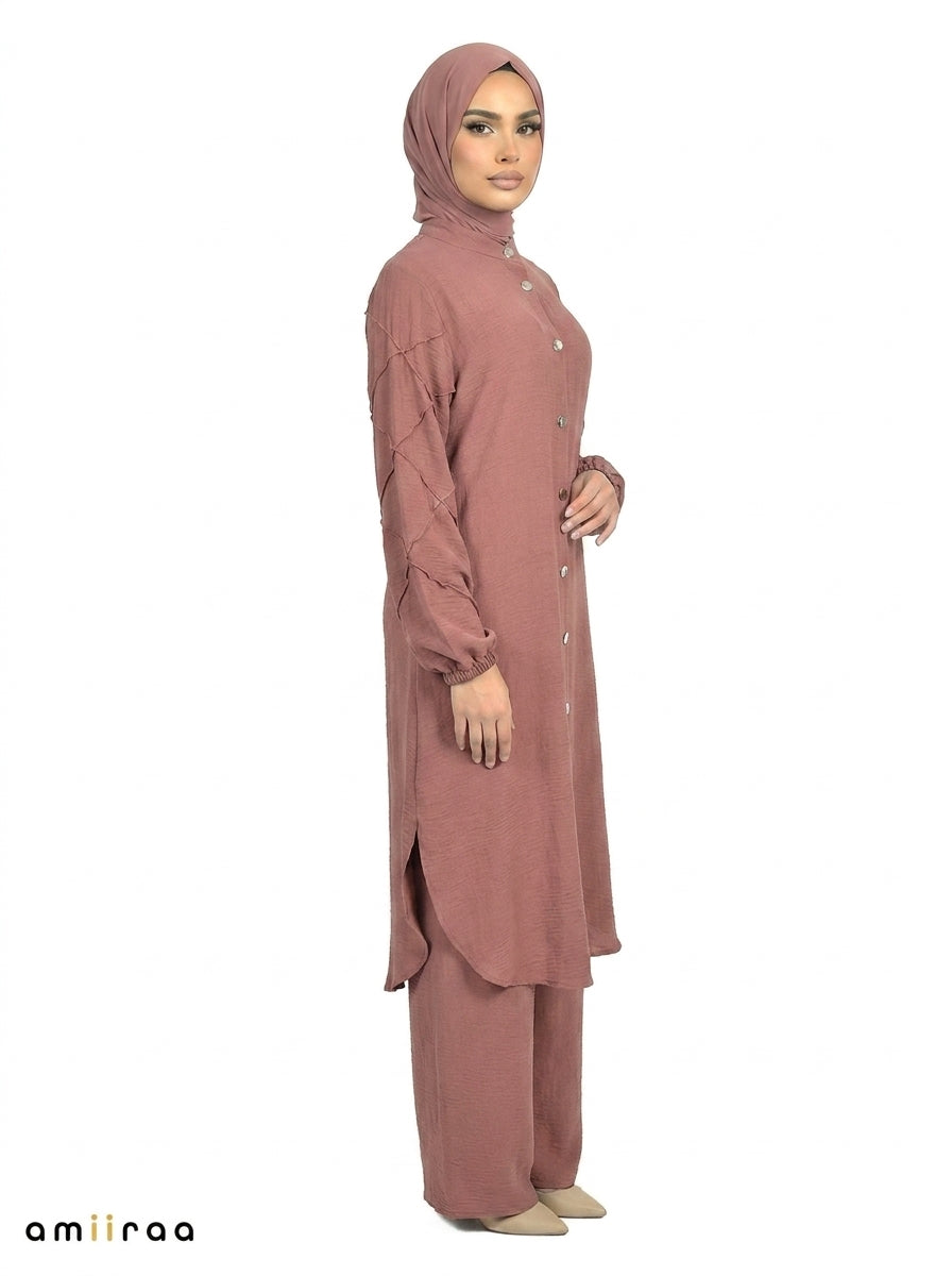 Mesa Rose Textured Modest Longline Tunic & Wide-Leg Pants Set