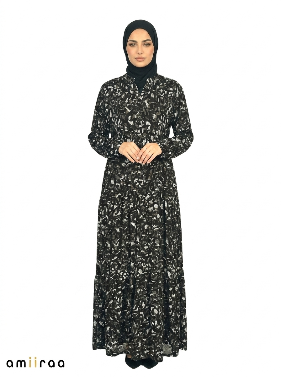 Charcoal Art Abstract Floral Print Long Sleeve Tiered Maxi Dress