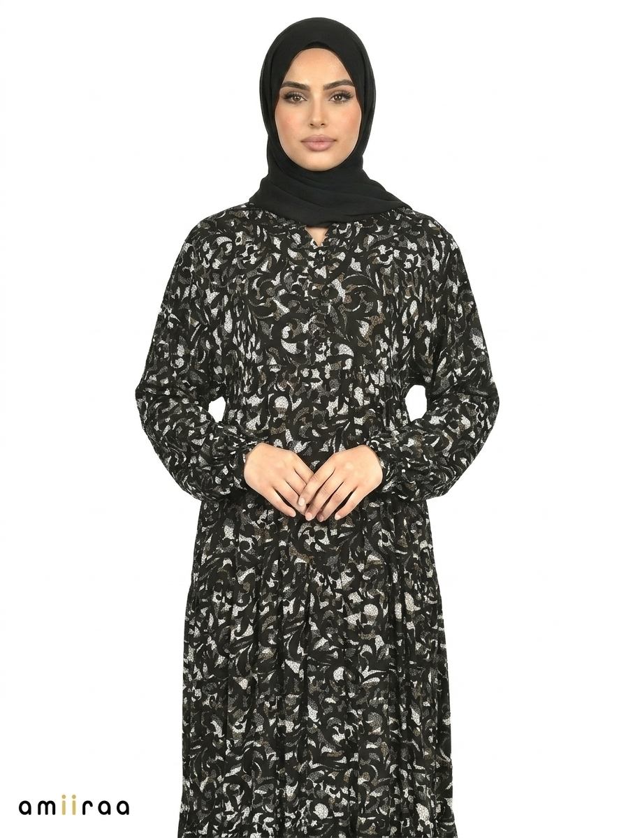 Charcoal Art Abstract Floral Print Long Sleeve Tiered Maxi Dress
