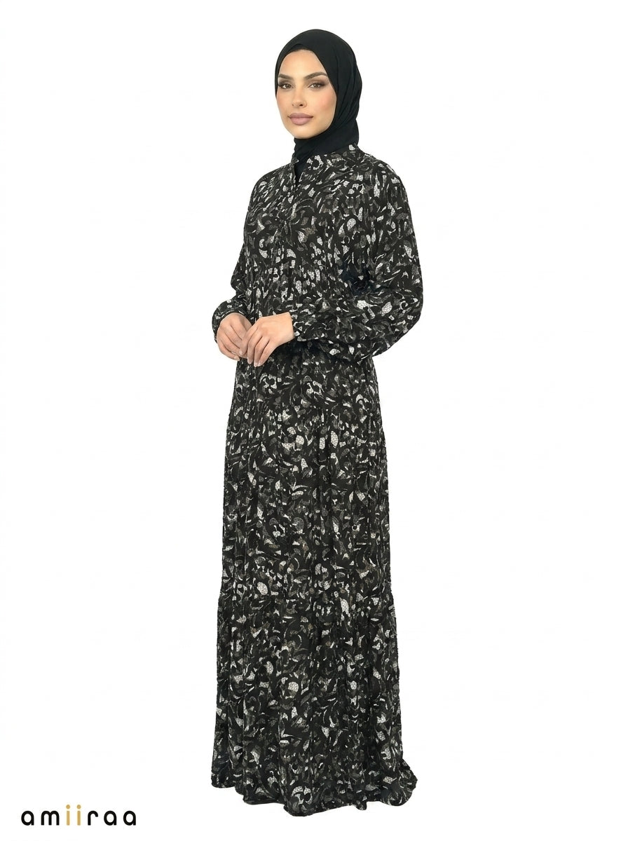 Charcoal Art Abstract Floral Print Long Sleeve Tiered Maxi Dress