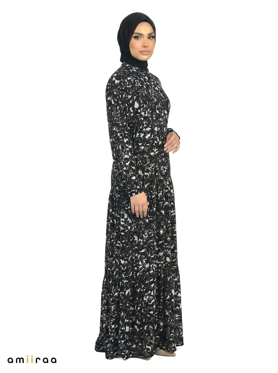 Charcoal Art Abstract Floral Print Long Sleeve Tiered Maxi Dress