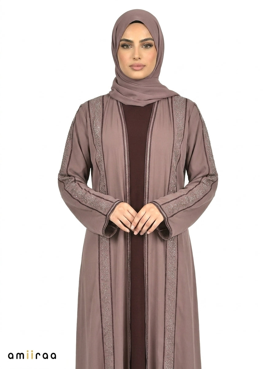 Stone Embellished 2 Piece Abaya with Belt - Plum Kitten