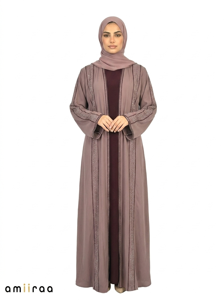 Stone Embellished 2 Piece Abaya with Belt - Plum Kitten