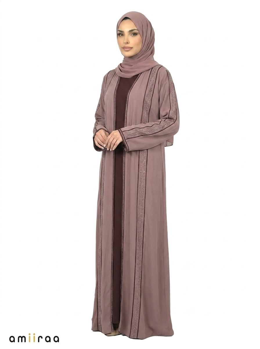 Stone Embellished 2 Piece Abaya with Belt - Plum Kitten