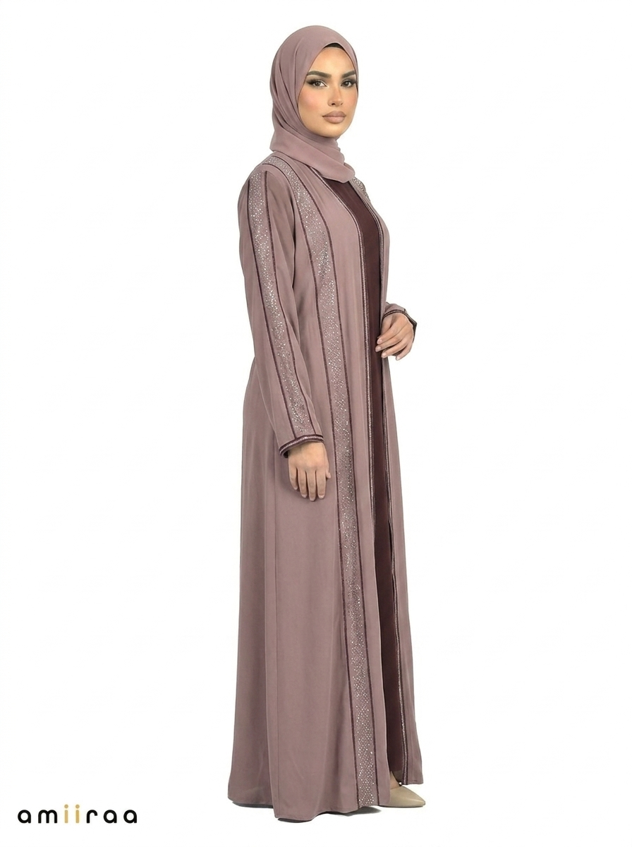 Stone Embellished 2 Piece Abaya with Belt - Plum Kitten