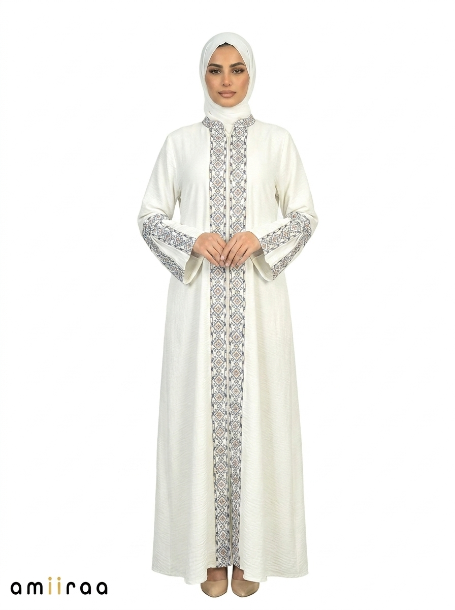 3 Piece Abaya with Embroidered Trim and Stone Detail - Blue Opal