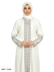 3 Piece Abaya with Embroidered Trim and Stone Detail - Blue Opal