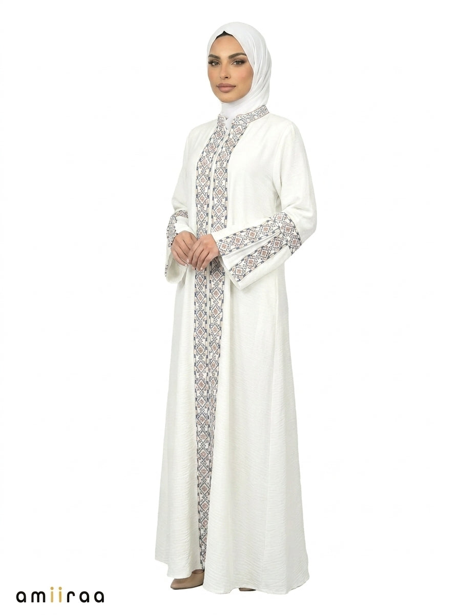 3 Piece Abaya with Embroidered Trim and Stone Detail - Blue Opal