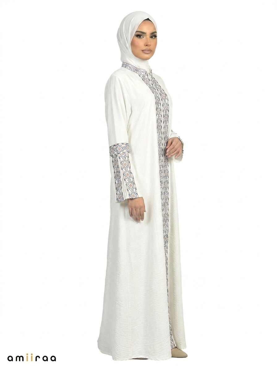 3 Piece Abaya with Embroidered Trim and Stone Detail - Blue Opal