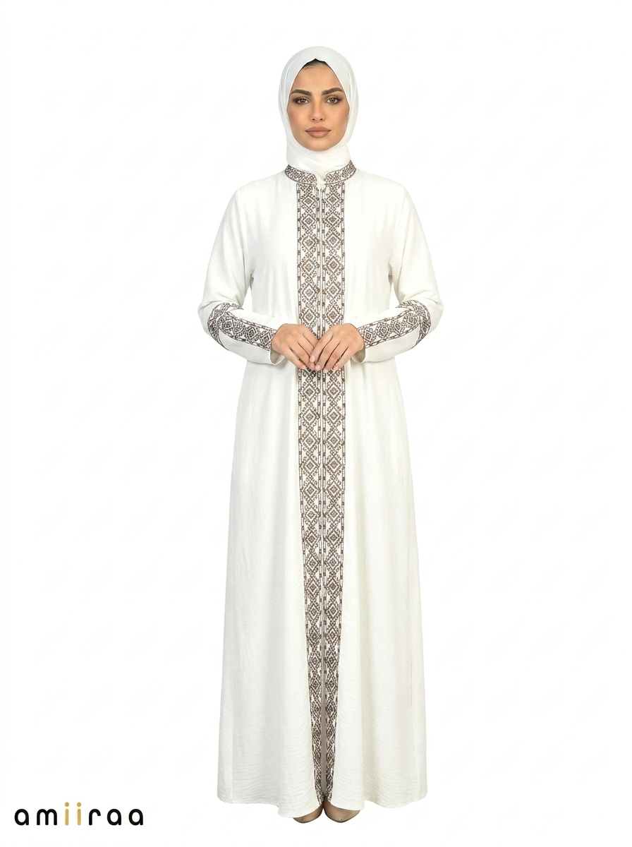 3 Piece Abaya with Embroidered Trim and Stone Detail - Bit of Blue