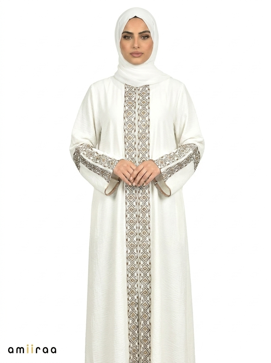 3 Piece Abaya with Embroidered Trim and Stone Detail - Bit of Blue