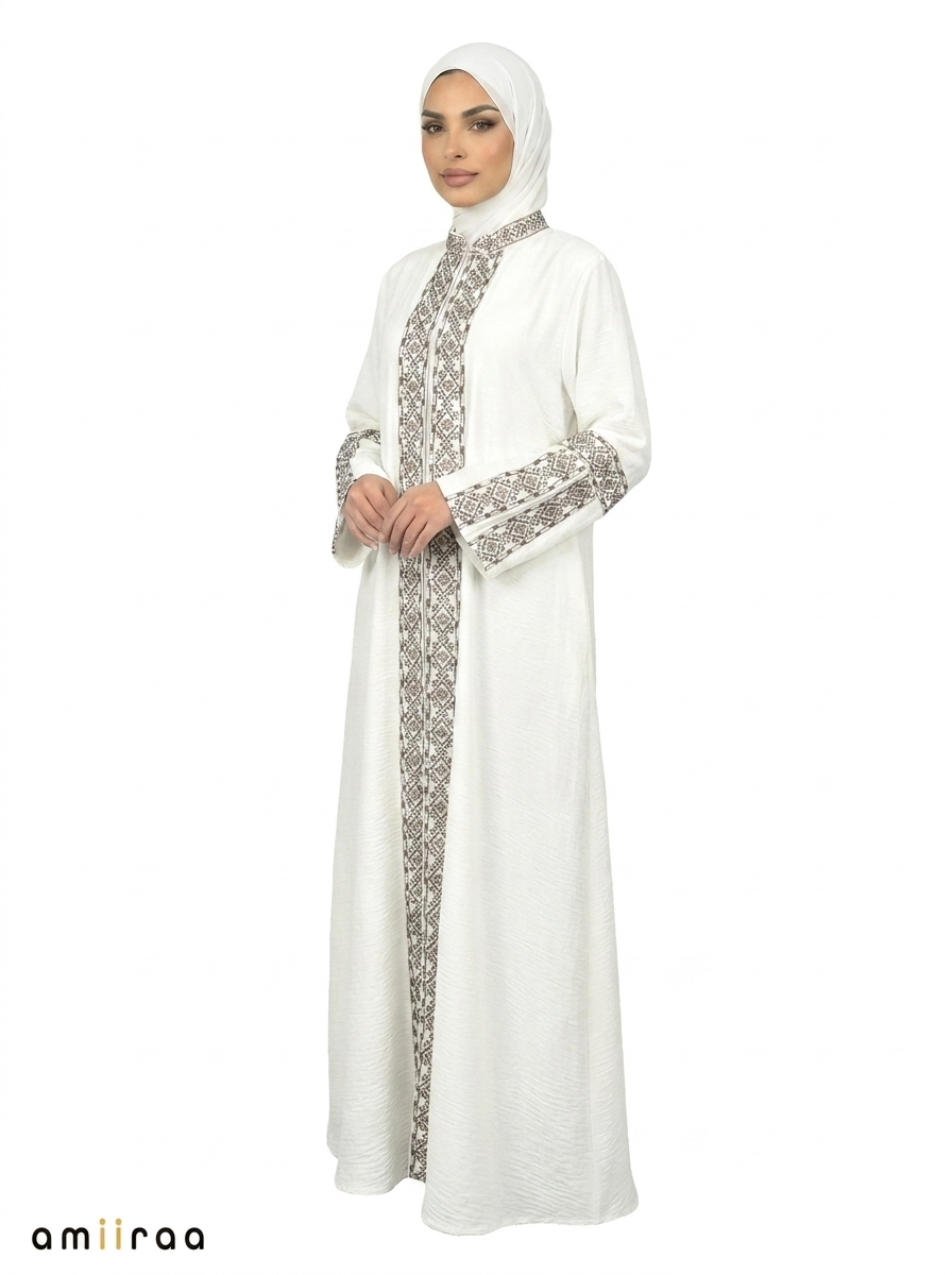3 Piece Abaya with Embroidered Trim and Stone Detail - Bit of Blue