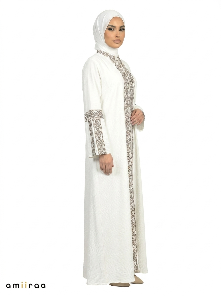 3 Piece Abaya with Embroidered Trim and Stone Detail - Bit of Blue