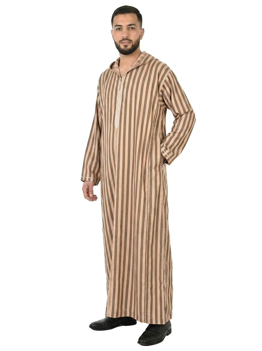 Light Taupe Men’s Hooded Striped Moroccan Thobe