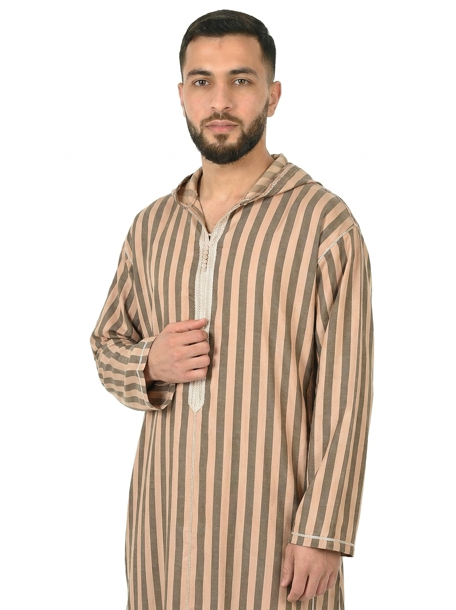 Light Taupe Men’s Hooded Striped Moroccan Thobe