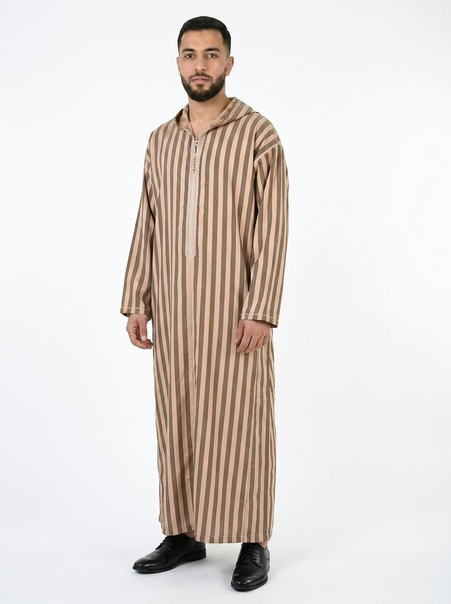 Light Taupe Men’s Hooded Striped Moroccan Thobe