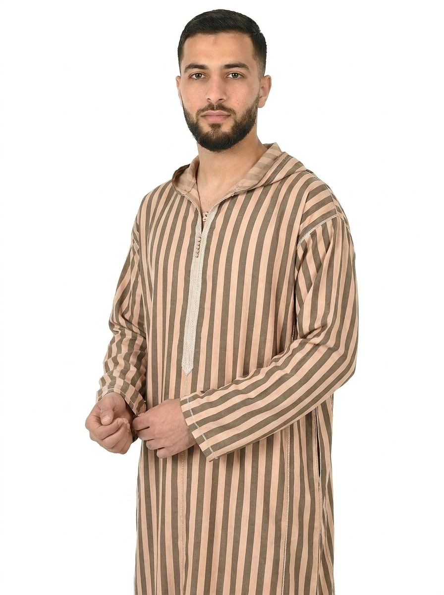 Light Taupe Men’s Hooded Striped Moroccan Thobe