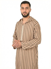 Light Taupe Men’s Hooded Striped Moroccan Thobe