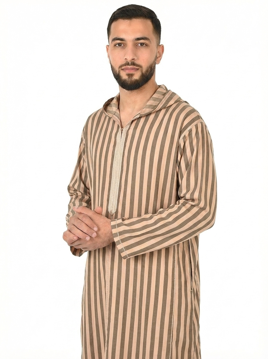 Light Taupe Men’s Hooded Striped Moroccan Thobe