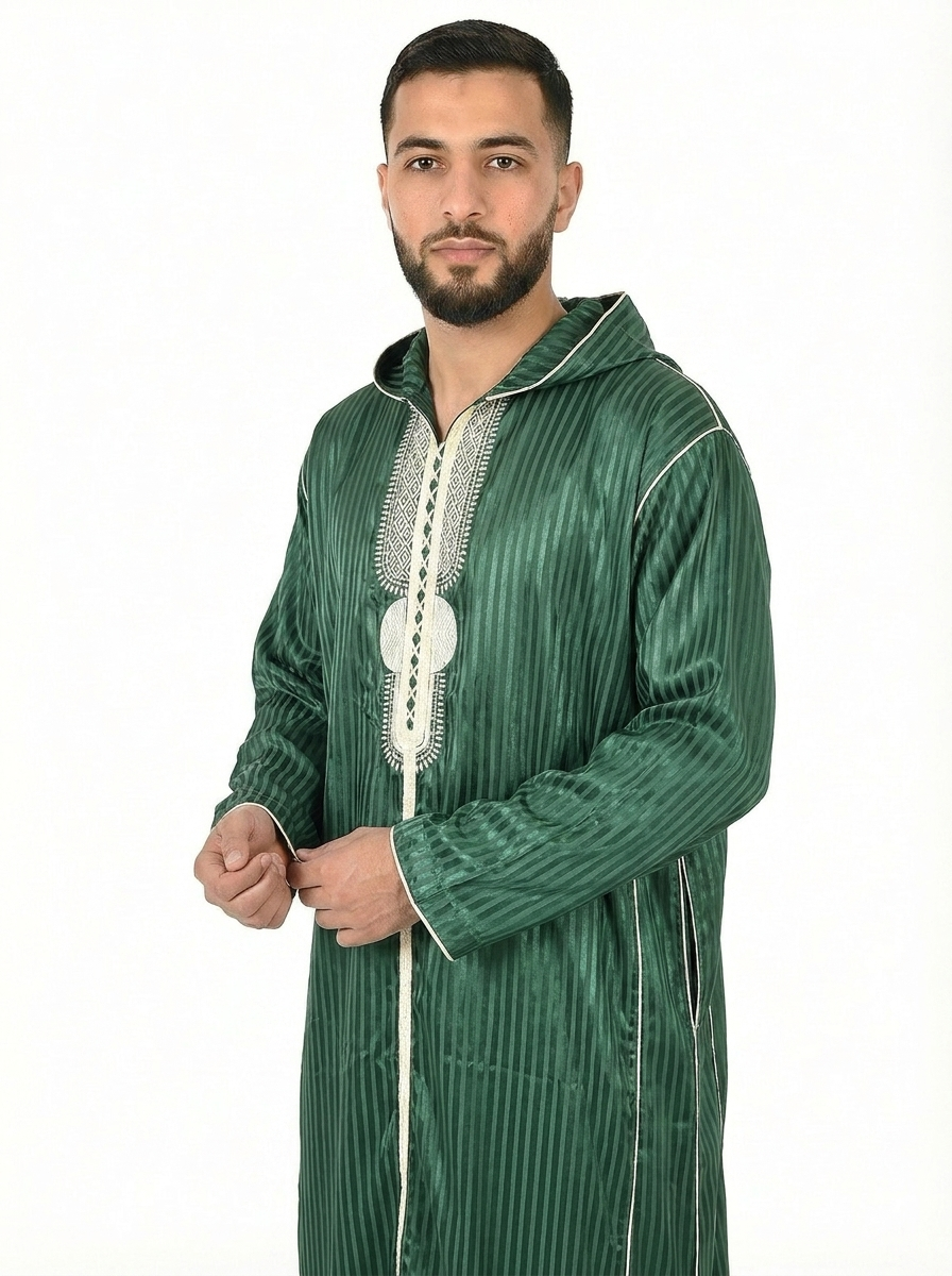 Dark Green Hooded Moroccan Thobe with Detailing
