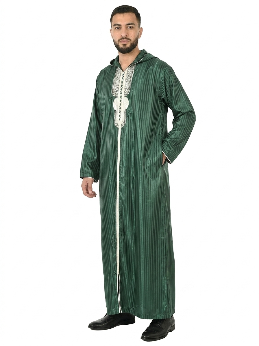 Dark Green Hooded Moroccan Thobe with Detailing