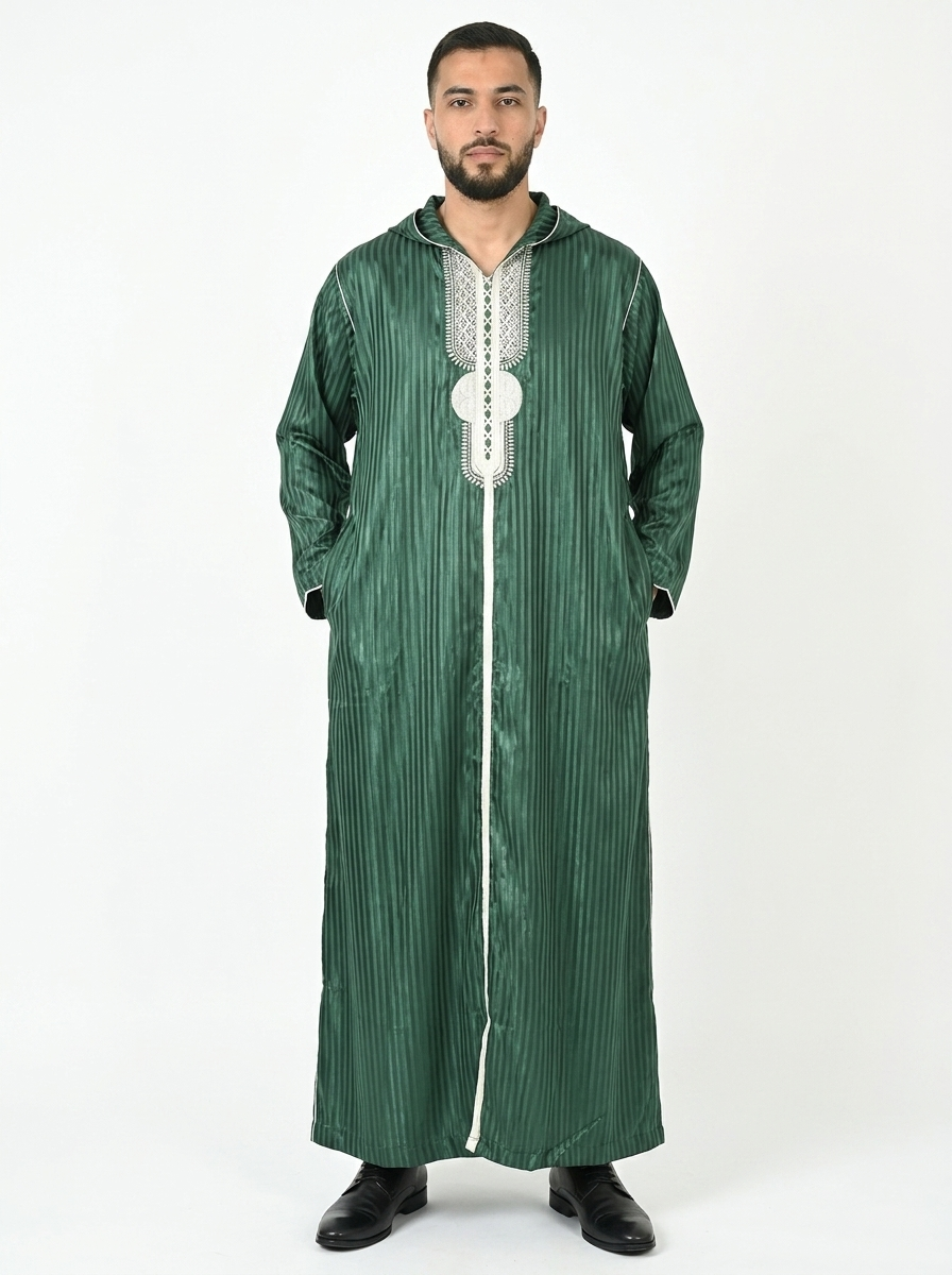 Dark Green Hooded Moroccan Thobe with Detailing