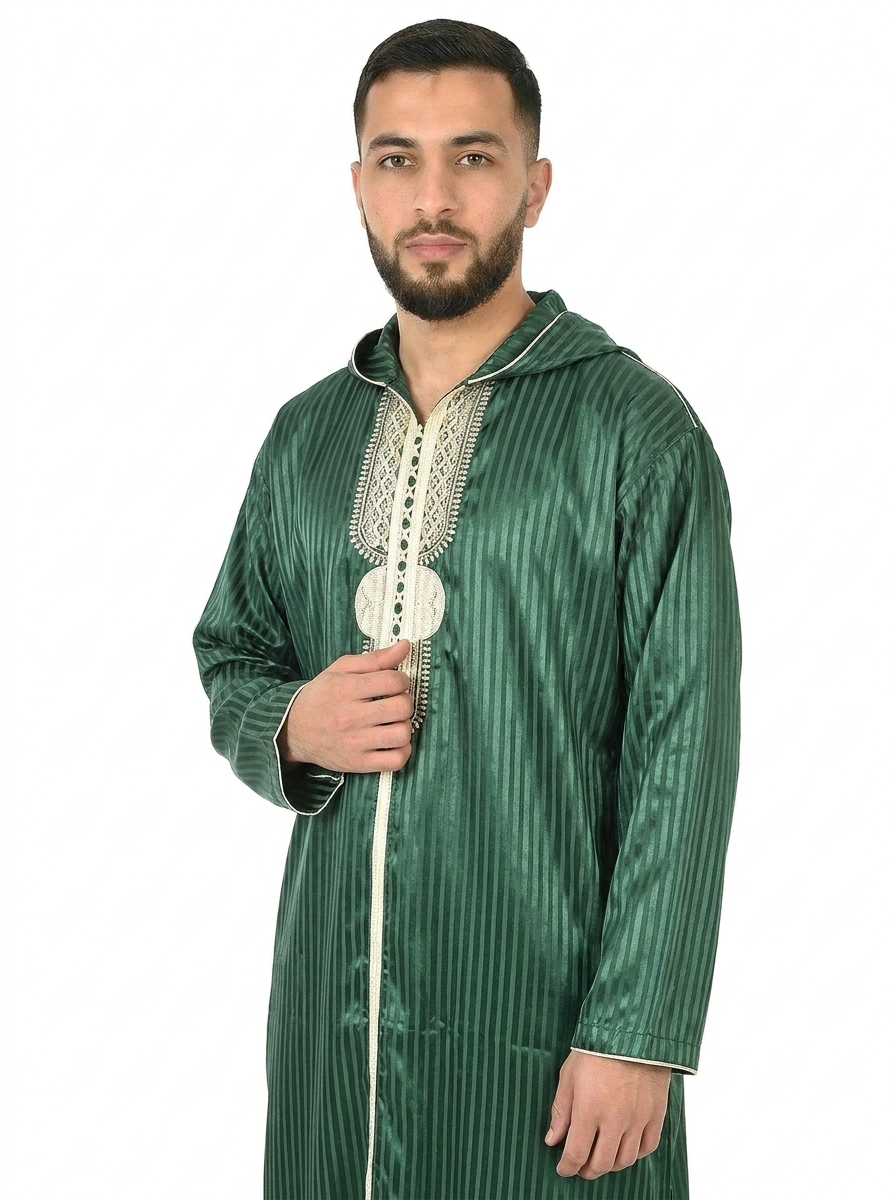 Dark Green Hooded Moroccan Thobe with Detailing