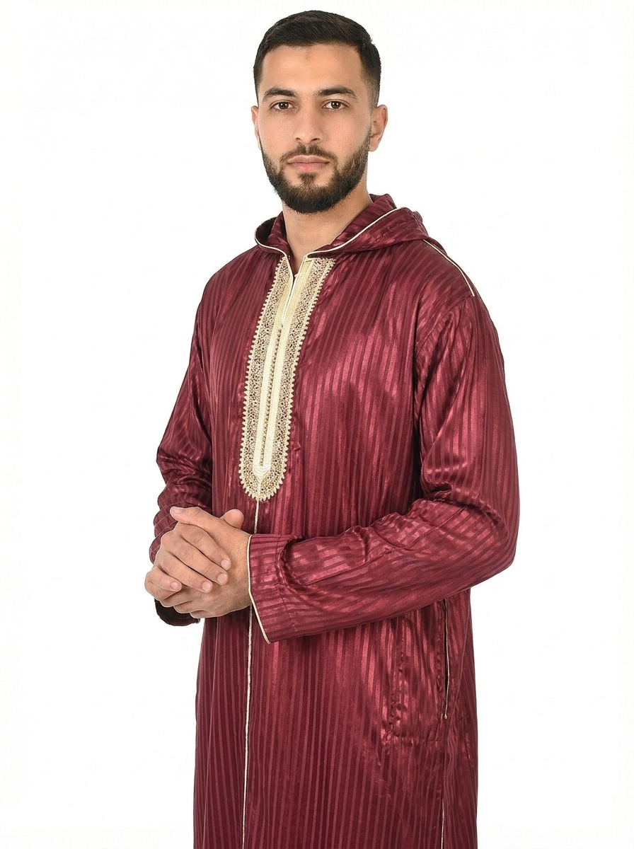 Maroon Banner Hooded Moroccan Thobe with Detailing