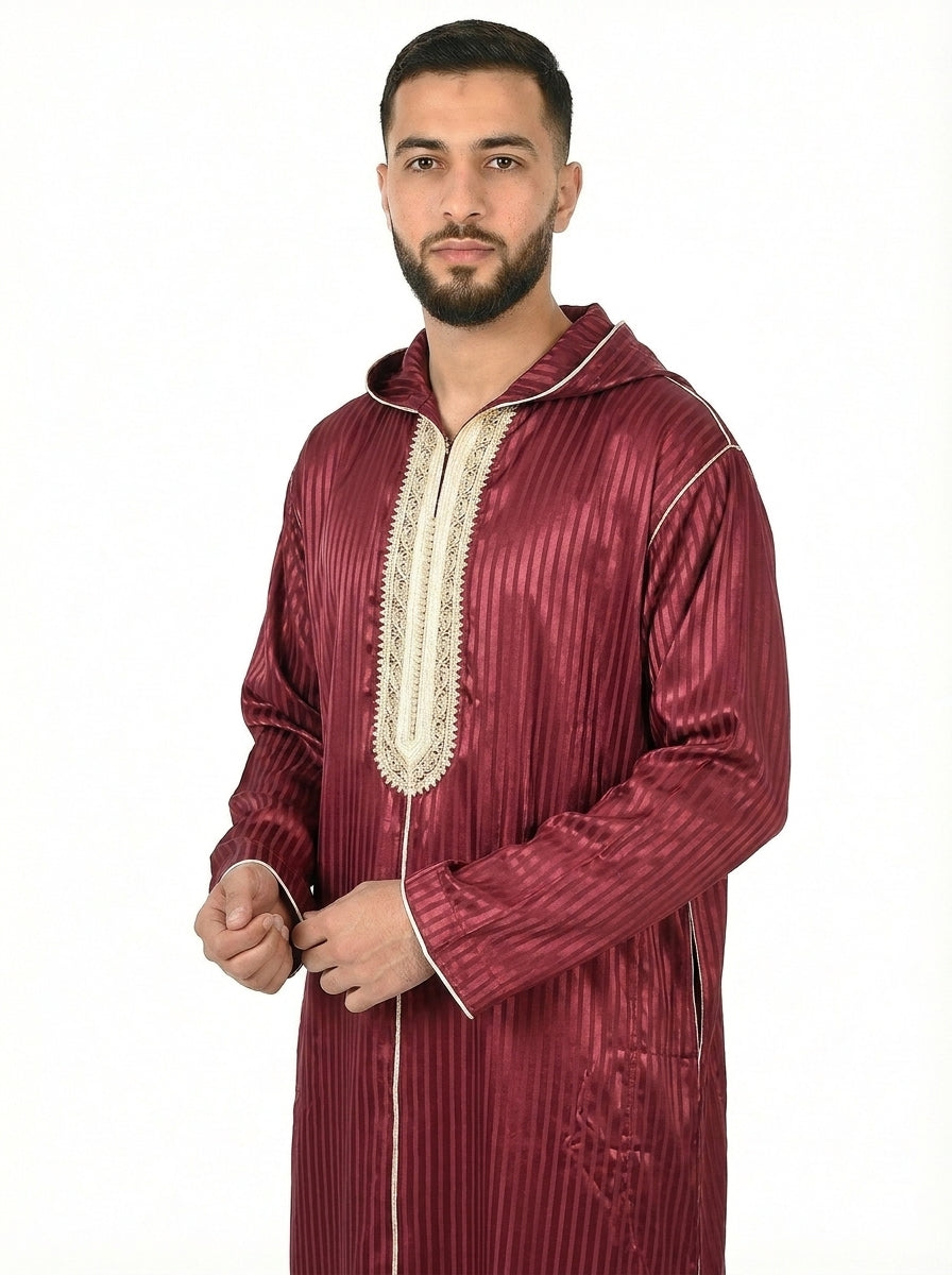Maroon Banner Hooded Moroccan Thobe with Detailing