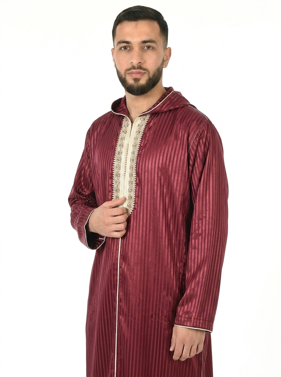 Maroon Banner Hooded Moroccan Thobe with Detailing