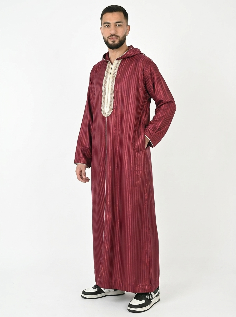 Maroon Banner Hooded Moroccan Thobe with Detailing