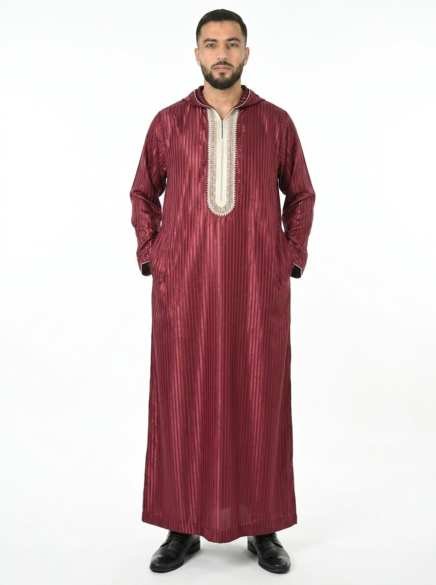 Maroon Banner Hooded Moroccan Thobe with Detailing