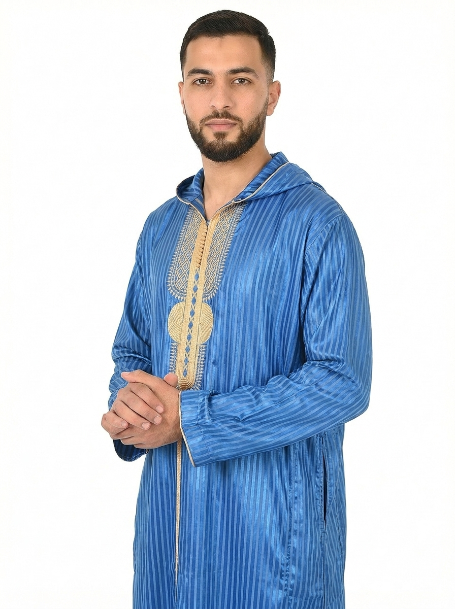Vallarta Blue Hooded Moroccan Thobe with Detailing