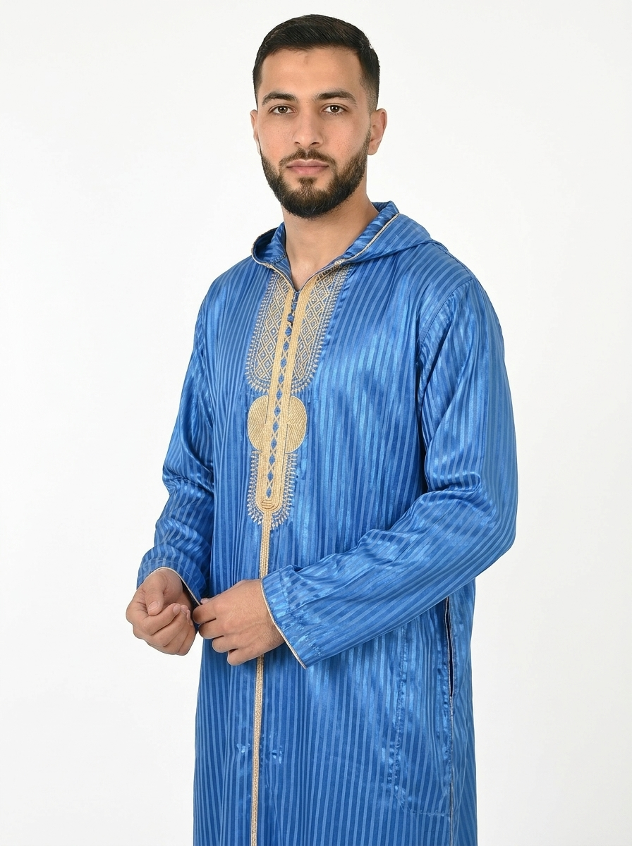 Vallarta Blue Hooded Moroccan Thobe with Detailing