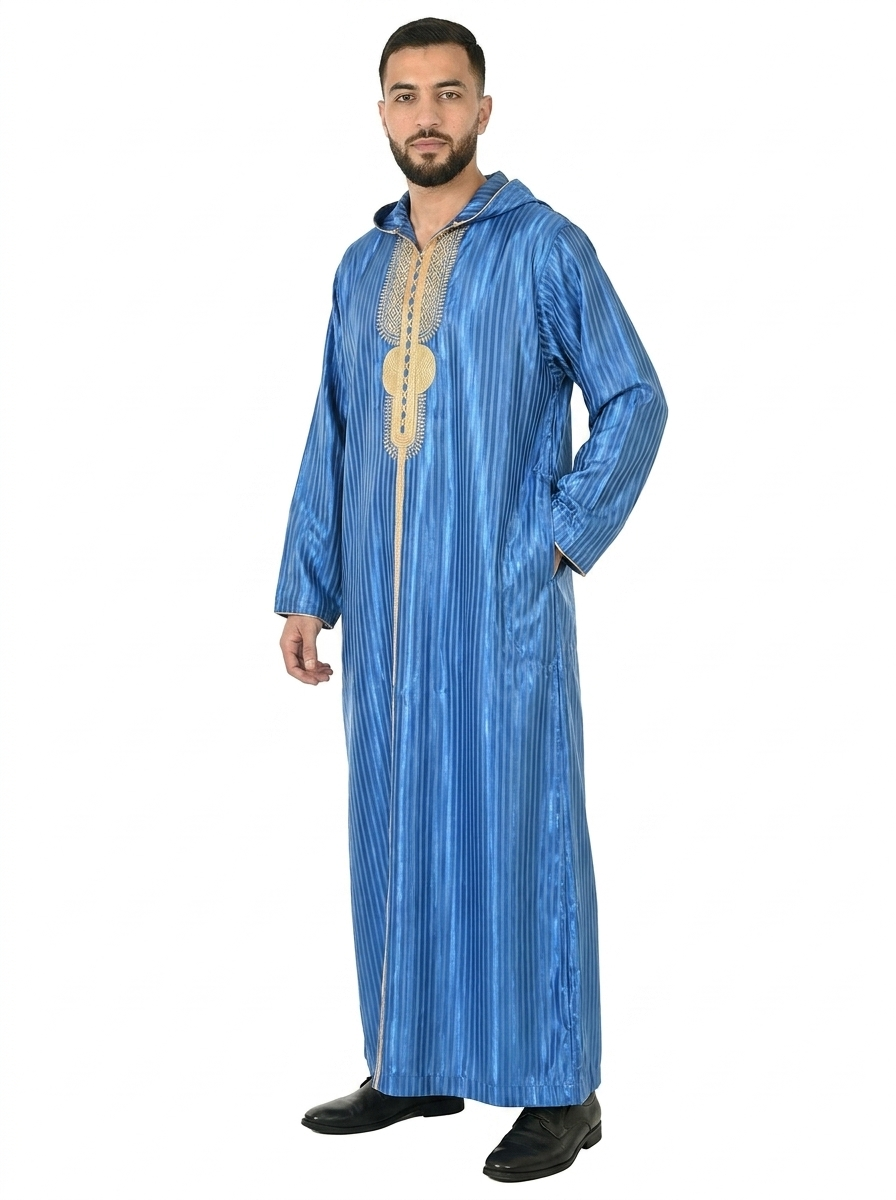 Vallarta Blue Hooded Moroccan Thobe with Detailing