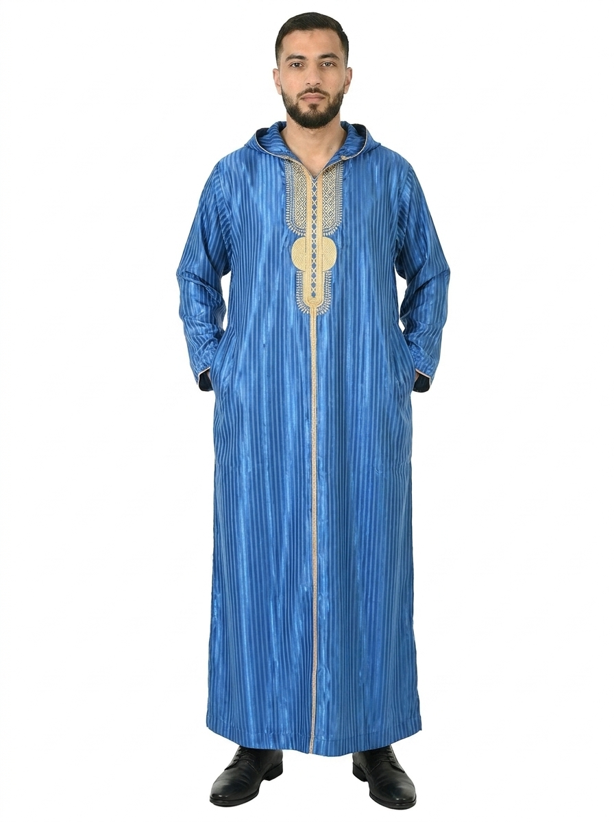 Vallarta Blue Hooded Moroccan Thobe with Detailing
