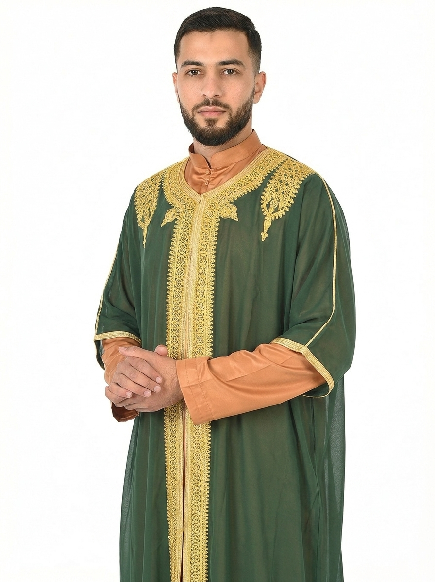 Pineneedle Moroccan Thobe Kaftan with Gold Trim
