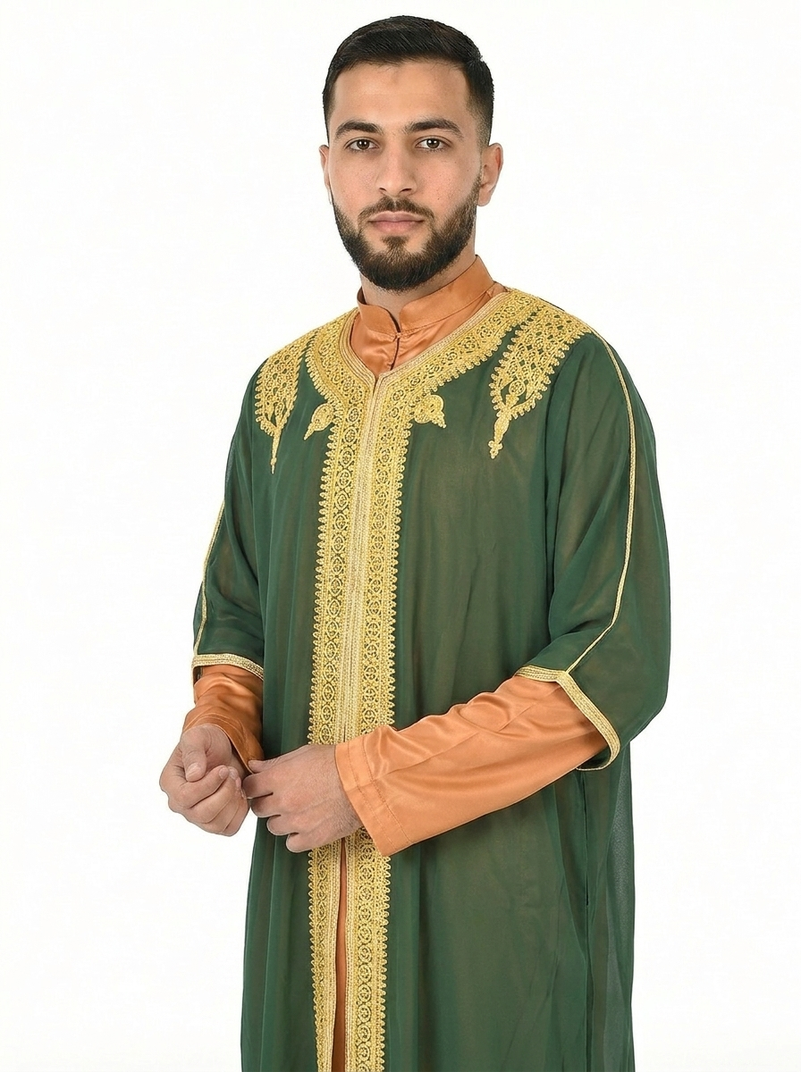 Pineneedle Moroccan Thobe Kaftan with Gold Trim