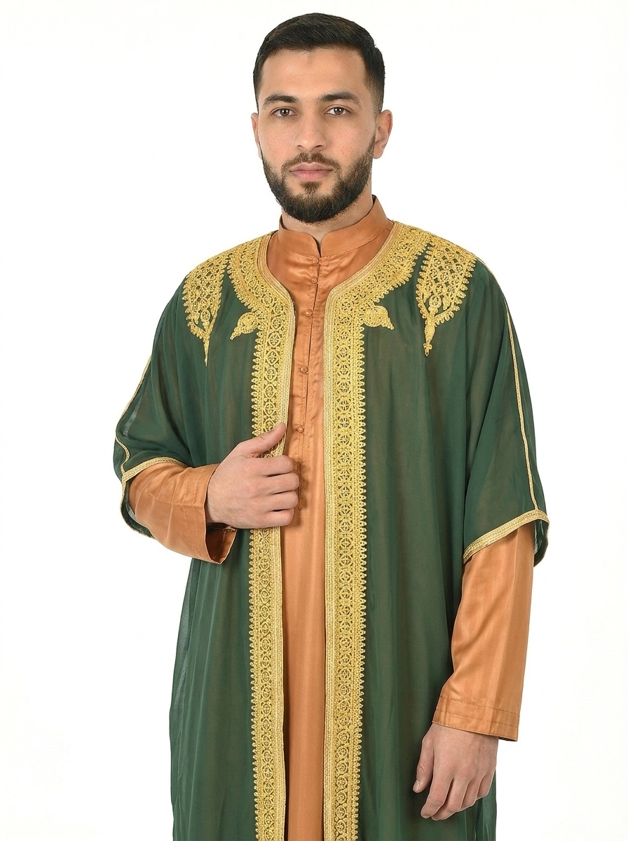 Pineneedle Moroccan Thobe Kaftan with Gold Trim