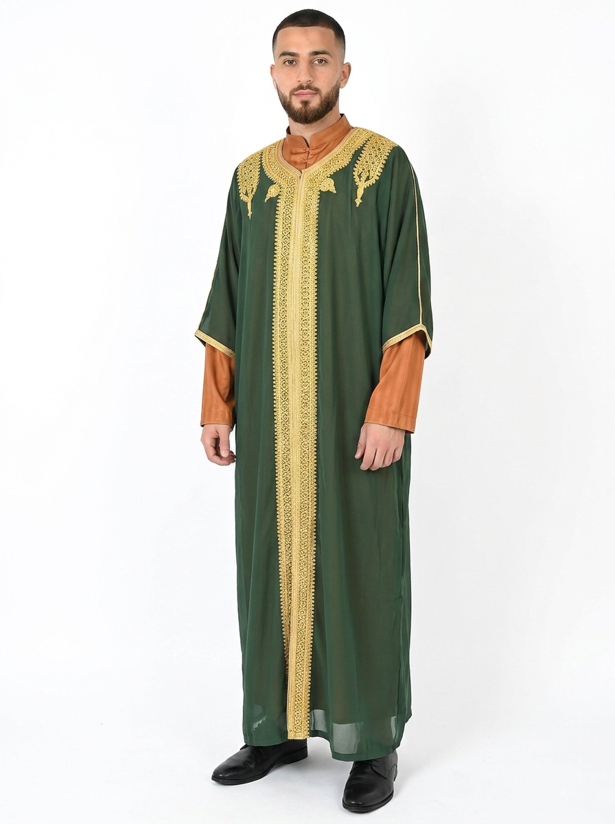 Pineneedle Moroccan Thobe Kaftan with Gold Trim