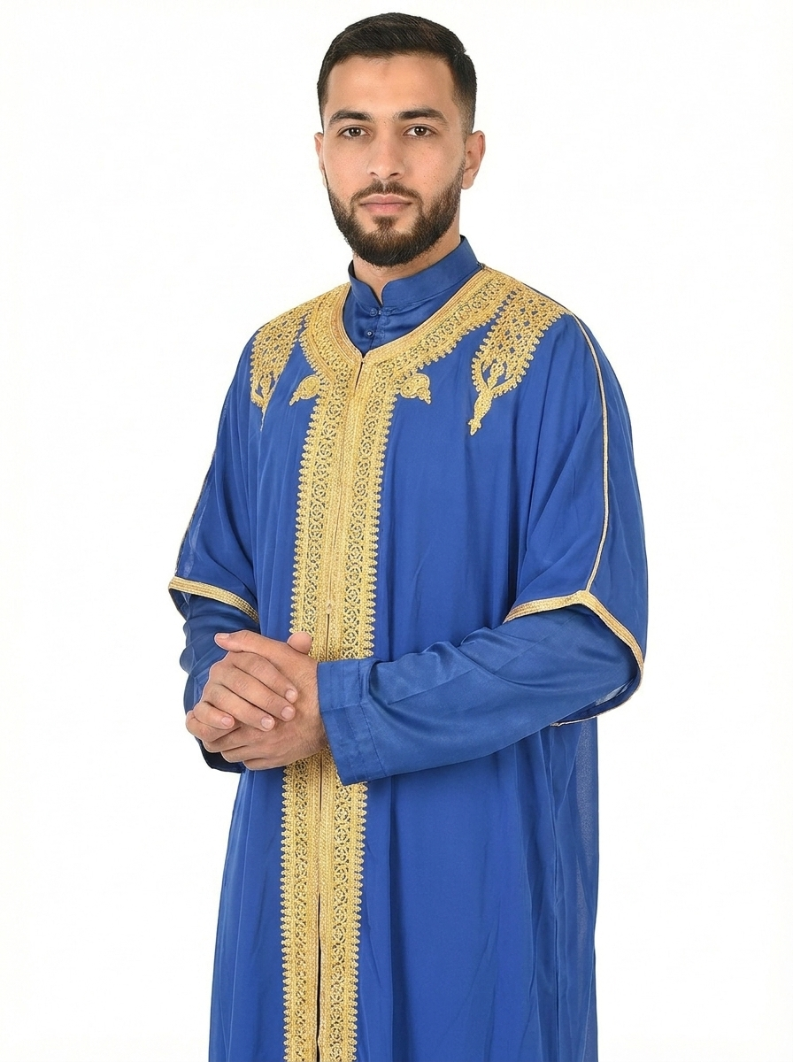 Royal Blue Moroccan Thobe Kaftan with Gold Trim