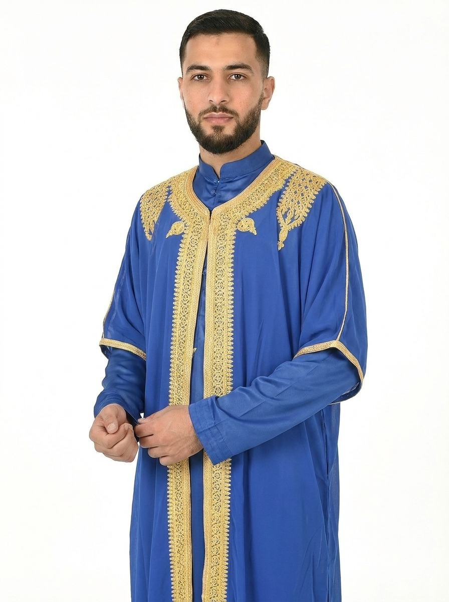 Royal Blue Moroccan Thobe Kaftan with Gold Trim