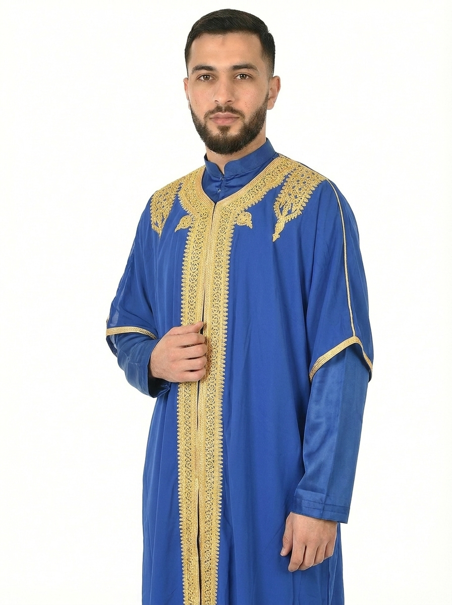 Royal Blue Moroccan Thobe Kaftan with Gold Trim