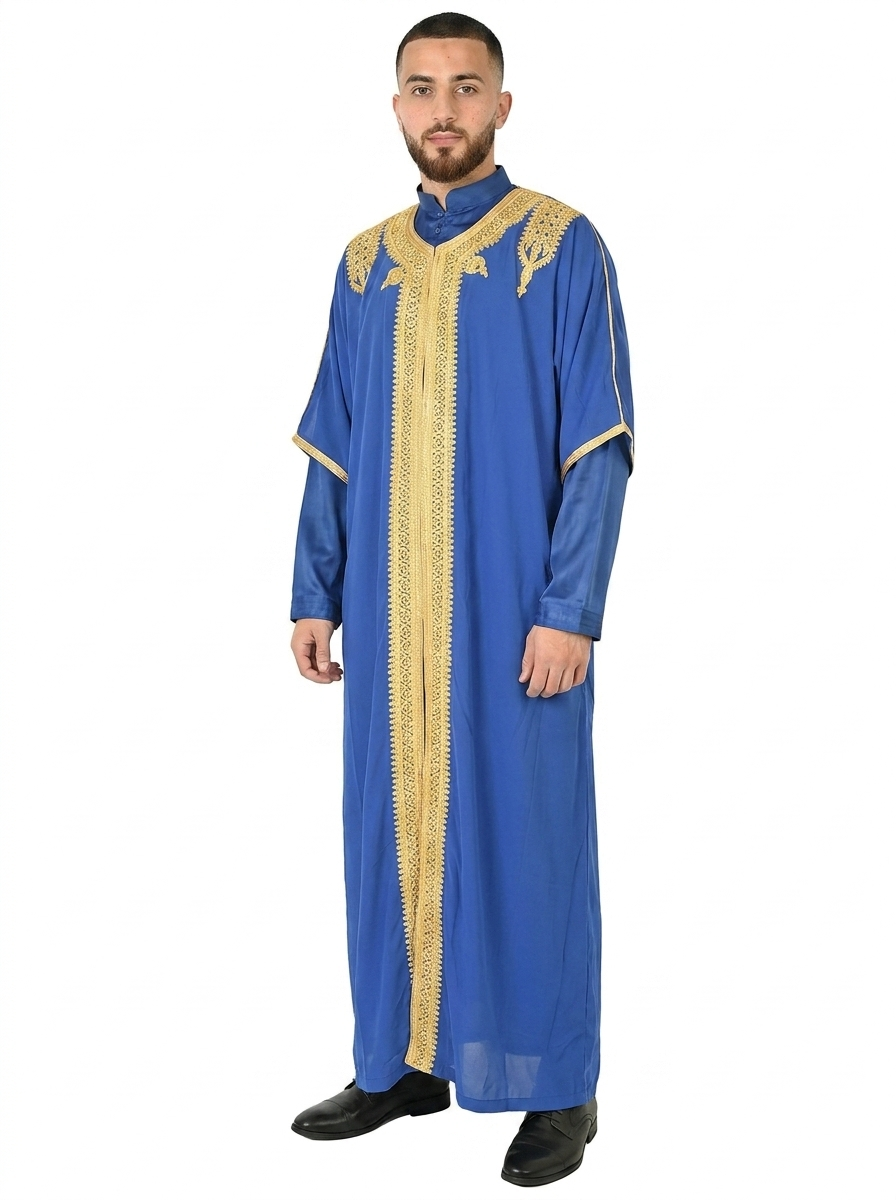 Royal Blue Moroccan Thobe Kaftan with Gold Trim
